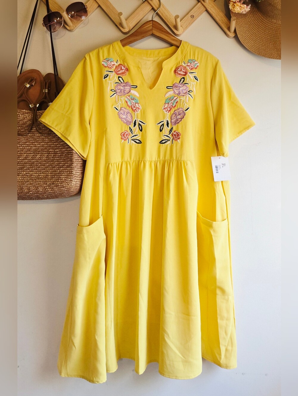 Yellow Embroidered Midi Dress with Pockets